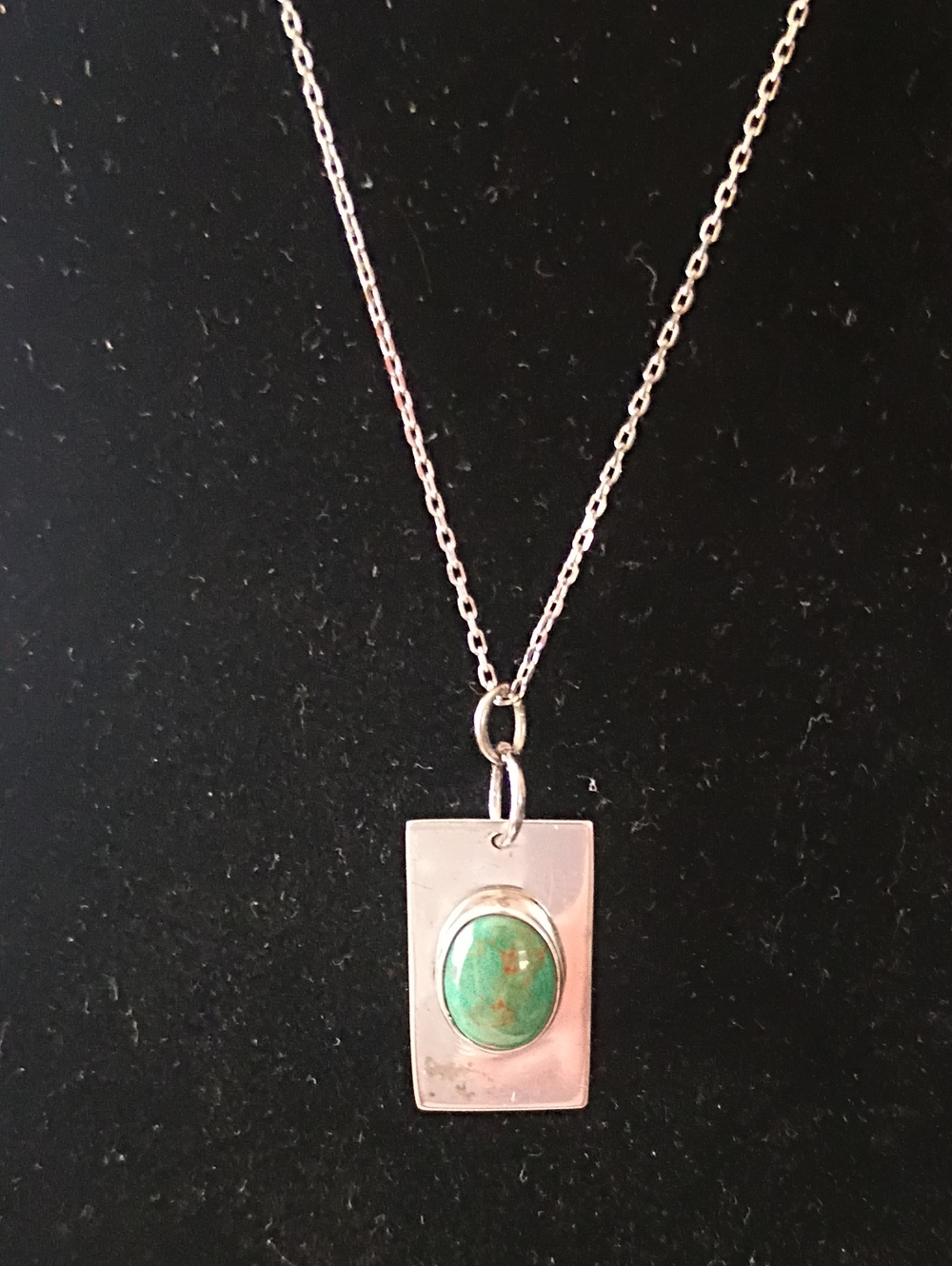 Dainty Sterling Silver With Central Oval Green Turquoise Stone Vintage Pendant